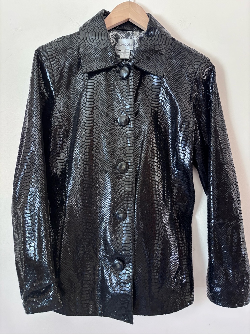 Chico's Black Faux Snake real Leather Button-Front Jacket